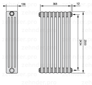 Схема (чертеж) Радиатор Zehnder Charleston 4250/8 №7610 Белый глянцевый RAL 9016